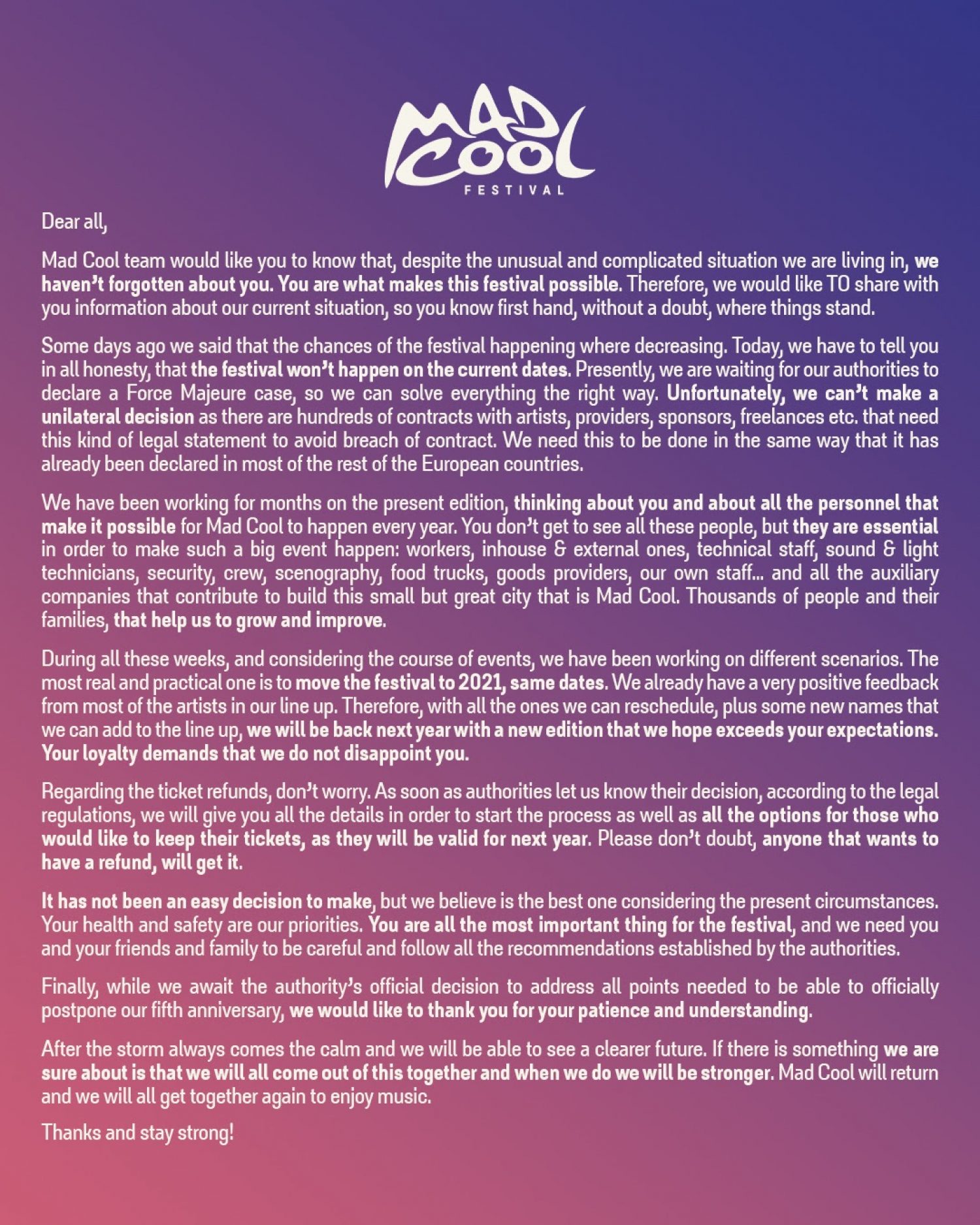 Mad Cool "won't happen on the current dates" due to the outbreak of COVID-19