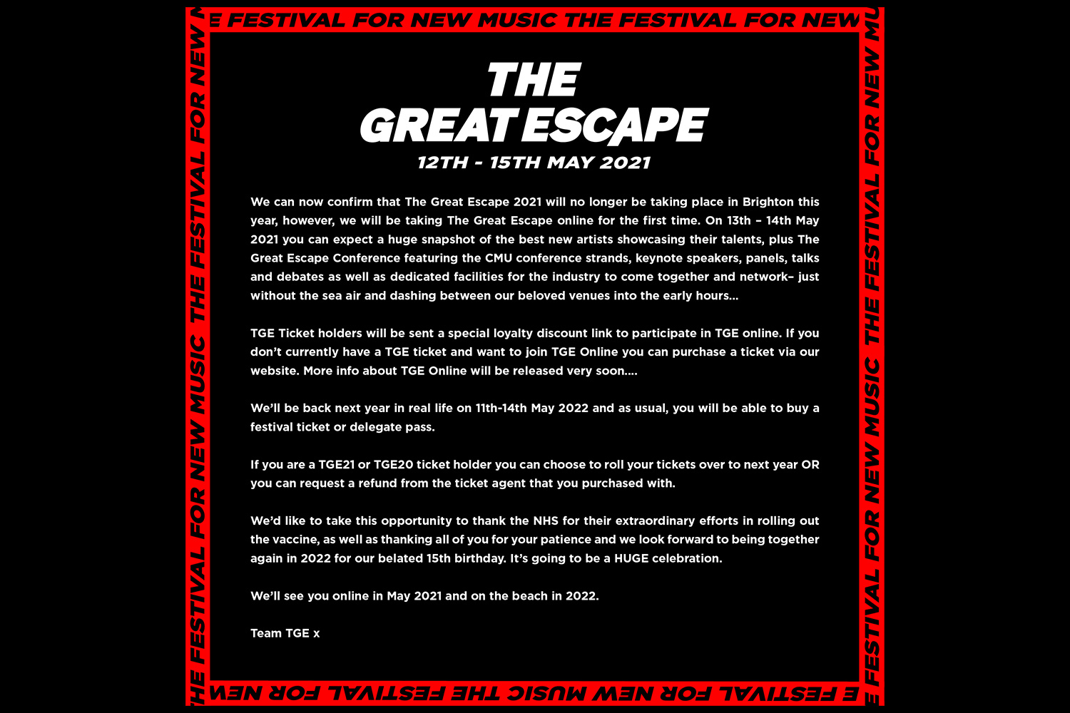The Great E-scape: Brighton festival The Great Escape will be held online this year